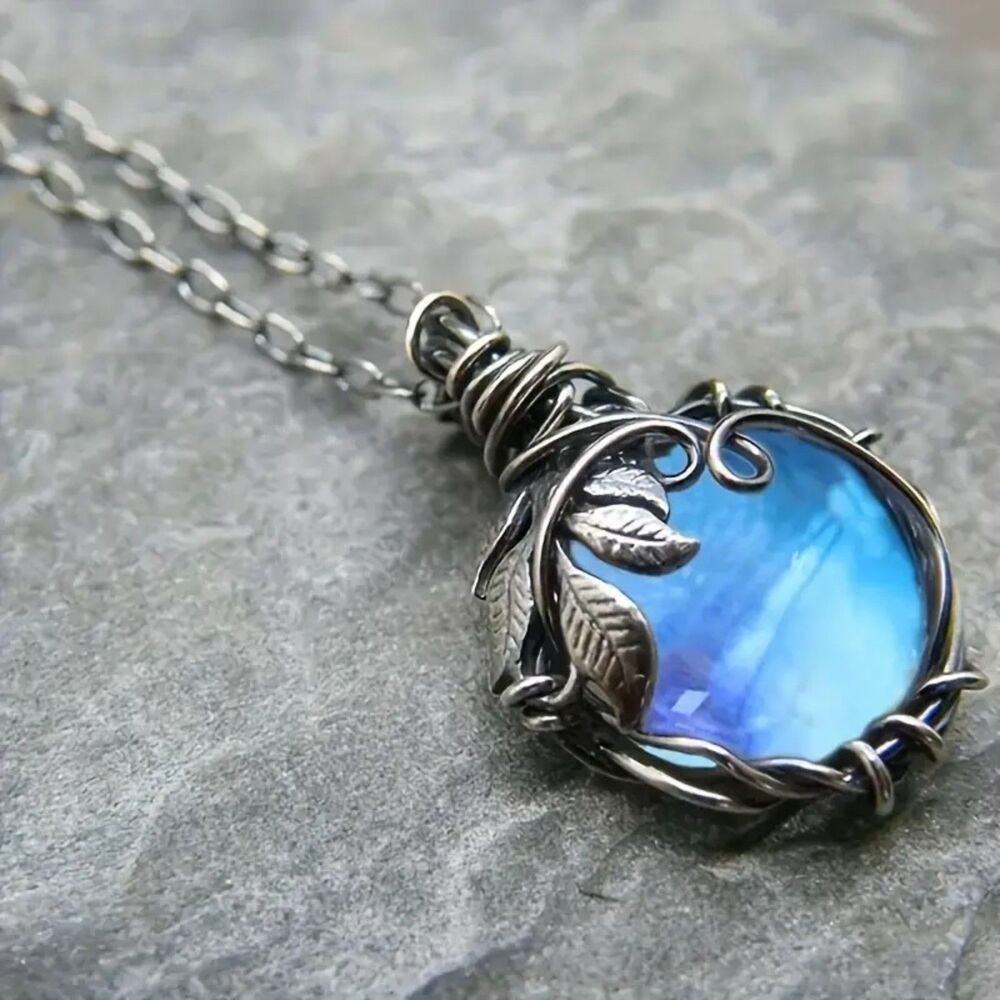 Round Blue Moonstone Crystal Silver Pendant Necklace Wrap Gemstone Charm Boho